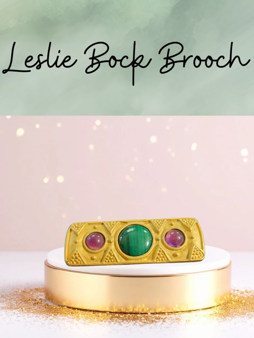 Leslie Bock Gold Tone Brooch with Green and Purple Stones